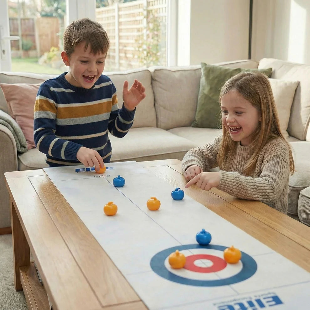 Tabletop Curling Game | Indoor Family Curling Set with Extra-Long Playing Mat