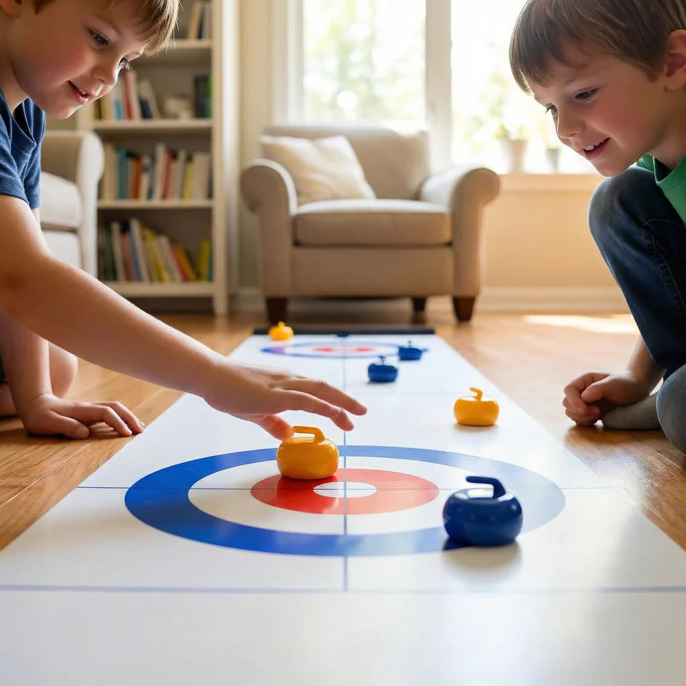 Tabletop Curling Game | Indoor Family Curling Set with Extra-Long Playing Mat