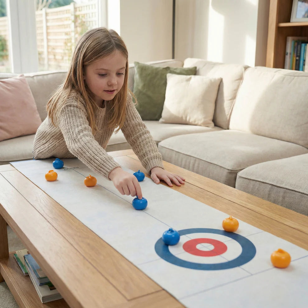 Tabletop Curling Game | Indoor Family Curling Set with Extra-Long Playing Mat