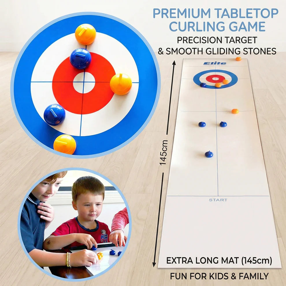 Tabletop Curling Game | Indoor Family Curling Set with Extra-Long Playing Mat